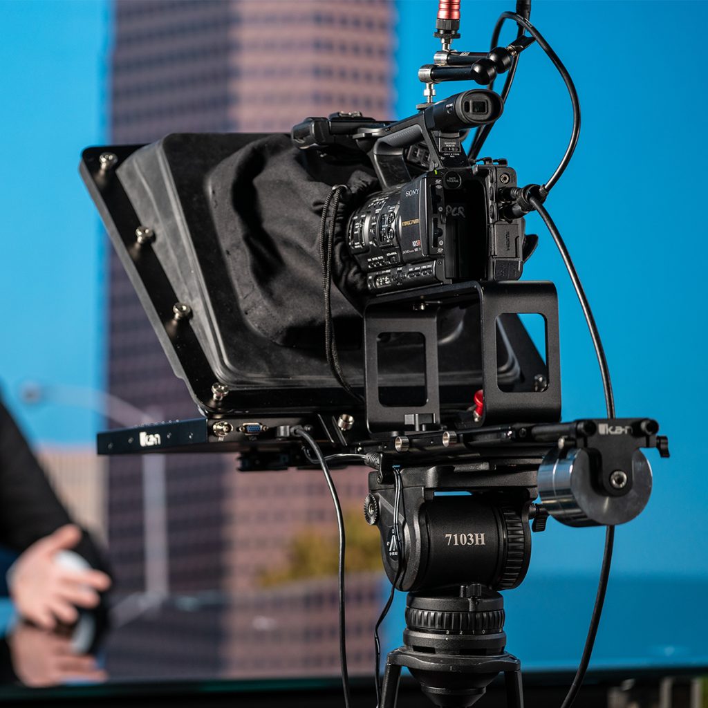 ikan broadcast turnkey solution that includes a teleprompter, pedestal, and dolly