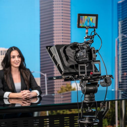 ikan broadcast turnkey solution that includes a teleprompter, pedestal, and dolly
