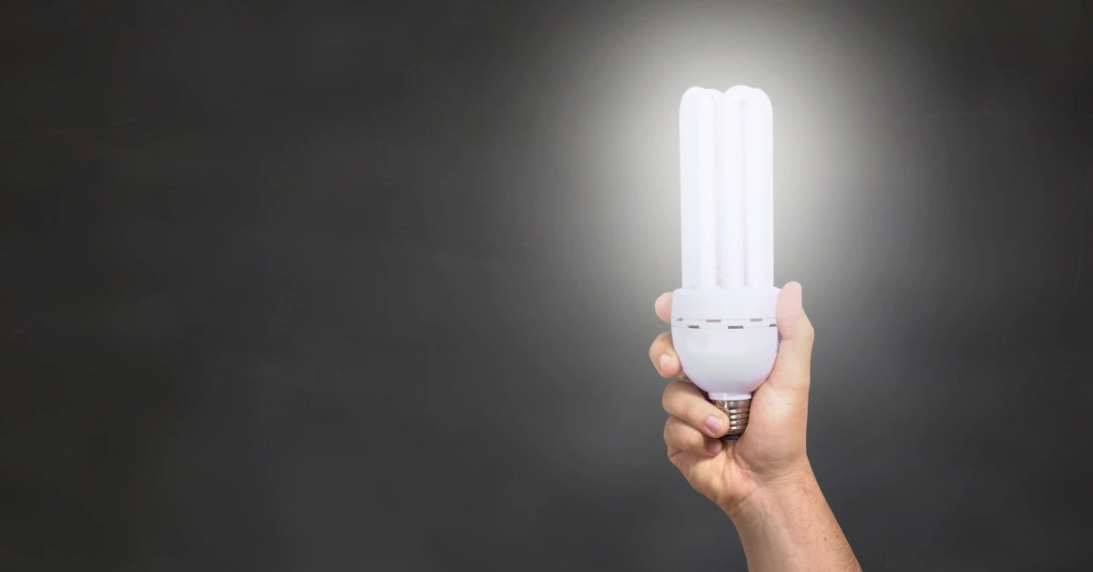 Hand holding an illuminated energy-efficient light bulb