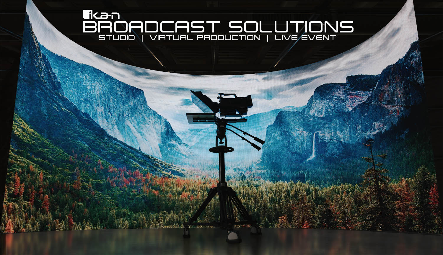 ikan broadcast turnkey solution that includes a teleprompter, pedestal, and dolly, in front of an LED volume for virtual production
