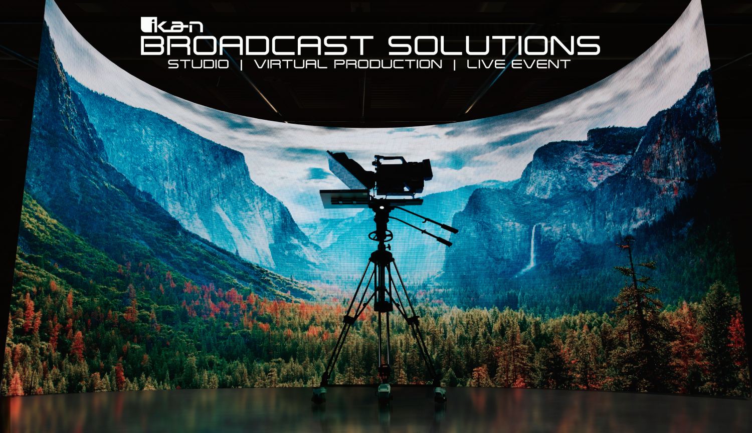 ikan broadcast turnkey solution that includes a teleprompter, pedestal, and dolly, in front of an LED volume for virtual production