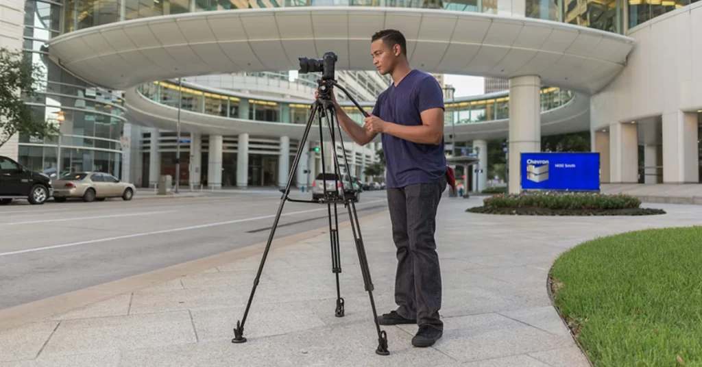 Man using a camera on a tripod for shots outside a corporate building