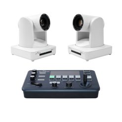 Affordable PTZ camera bundle that comes with 2 white 20x PTZ cameras and an IP controller that utilizes NDI, RS232, RS422, RS485, SRT, HDMI, SDI, VISCA, PELCO.