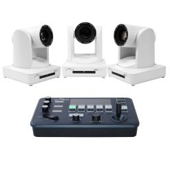 Affordable PTZ camera bundle that comes with 3 white 20x PTZ cameras and an IP controller that utilizes NDI, RS232, RS422, RS485, SRT, HDMI, SDI, VISCA, PELCO.