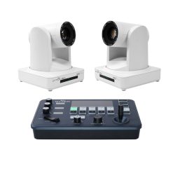 Affordable PTZ camera bundle that comes with 2 white 30x PTZ cameras and an IP controller that utilizes NDI, RS232, RS422, RS485, SRT, HDMI, SDI, VISCA, PELCO.