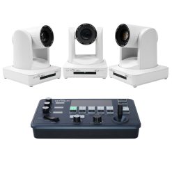 Affordable PTZ camera bundle that comes with 3 white 30x PTZ cameras and an IP controller that utilizes NDI, RS232, RS422, RS485, SRT, HDMI, SDI, VISCA, PELCO.