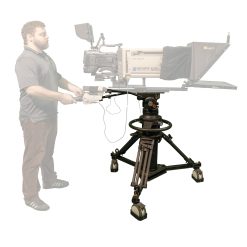 studio broadcast eng camera with box lens, E-Image pneumatic pedestal, Ikan teleprompter