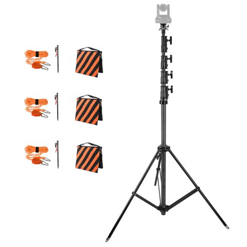 21' carbon fiber PTZ camera tripod stand for sports, football end zone, that comes with ropes and stakes that stands a a very tall height of 21 feet high.