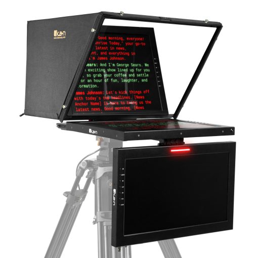 PT4900-PTZ-V2, PT4900S-PTZ-V2, PT419W-PTZ, PT419W-PTZ-TK, Professional 19-inch SDI high-bright teleprompter designed for PTZ cameras, featuring a 1000-nit monitor, 70/30 beam splitter glass, and a hood that fully encloses the PTZ camera for unrestricted movement. It supports SDI, HDMI, and VGA inputs, and offers a screen readable from up to 25 feet. The system includes an adjustable base for easy balancing, reusable foam for transport, and PrompterPro software for MAC & PC. Compatible with a wide range of PTZ cameras