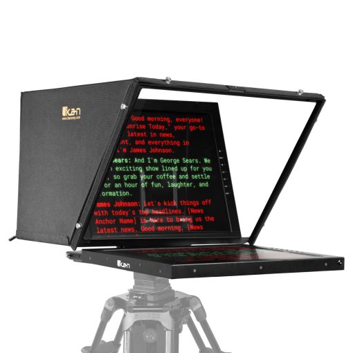 PT4900-PTZ-V2, PT4900S-PTZ-V2, PT419W-PTZ, PT419W-PTZ-TK, Professional 19-inch SDI high-bright teleprompter designed for PTZ cameras, featuring a 1000-nit monitor, 70/30 beam splitter glass, and a hood that fully encloses the PTZ camera for unrestricted movement. It supports SDI, HDMI, and VGA inputs, and offers a screen readable from up to 25 feet. The system includes an adjustable base for easy balancing, reusable foam for transport, and PrompterPro software for MAC & PC. Compatible with a wide range of PTZ cameras