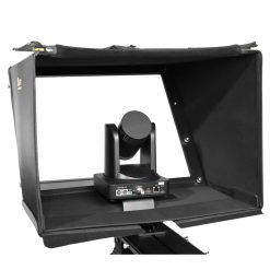 PT4900-PTZ-V2, PT4900S-PTZ-V2, PT419W-PTZ, PT419W-PTZ-TK, Professional 19-inch SDI high-bright teleprompter designed for PTZ cameras, featuring a 1000-nit monitor, 70/30 beam splitter glass, and a hood that fully encloses the PTZ camera for unrestricted movement. It supports SDI, HDMI, and VGA inputs, and offers a screen readable from up to 25 feet. The system includes an adjustable base for easy balancing, reusable foam for transport, and PrompterPro software for MAC & PC. Compatible with a wide range of PTZ cameras