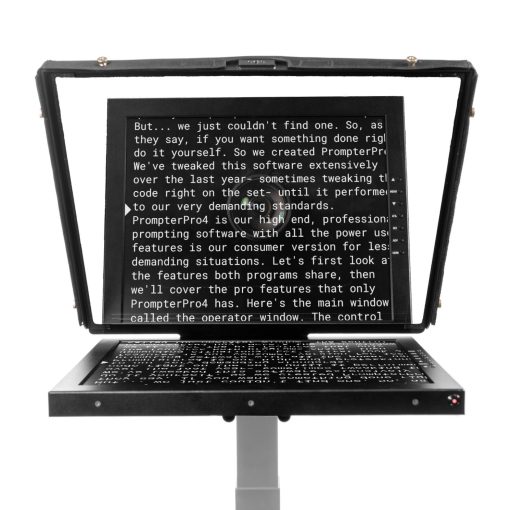 PT4900-V2, PT4900S-V2, Professional 19-inch high-bright teleprompter featuring a 1000 nit monitor, high-quality 70/30 beam splitter glass, lightweight aluminum chassis, and a screen readable from up to 25 feet. It includes multiple camera mounting options, an adjustable base for easy balancing, and reusable foam for transport. Suitable for various cameras including camcorders, DSLR, and mirrorless. Comes with PrompterPro software for MAC & PC and supports SDI, HDMI, composite, and VGA inputs.