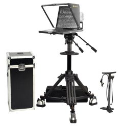 studio broadcast turnkey solution that includes teleprompter with monitor, pneumatic camera pedestal, fluid head, dolly