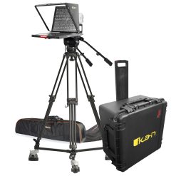 studio broadcast turnkey solution that includes teleprompter with confidence talent monitor, camera tripod, fluid head, dolly