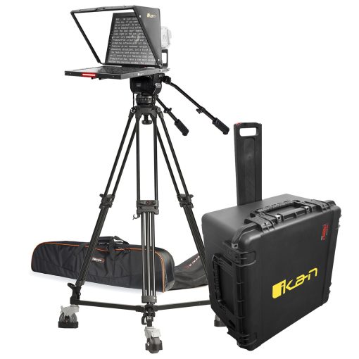 studio broadcast turnkey solution that includes teleprompter with confidence talent monitor, camera tripod, fluid head, dolly