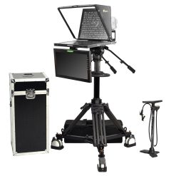 studio broadcast turnkey solution that includes teleprompter with confidence talent monitor, pneumatic camera pedestal, fluid head, dolly