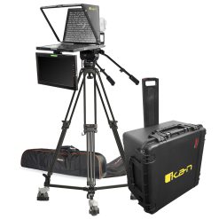 studio broadcast turnkey solution that includes teleprompter with confidence talent monitor, camera tripod, fluid head, dolly