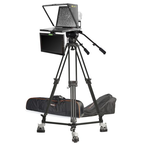 studio broadcast turnkey solution that includes teleprompter with confidence talent monitor, camera tripod, fluid head, dolly