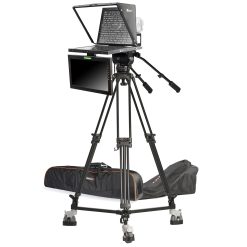 studio broadcast turnkey solution that includes teleprompter with confidence talent monitor, camera tripod, fluid head, dolly