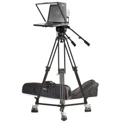 studio broadcast turnkey solution that includes teleprompter with confidence talent monitor, camera tripod, fluid head, dolly