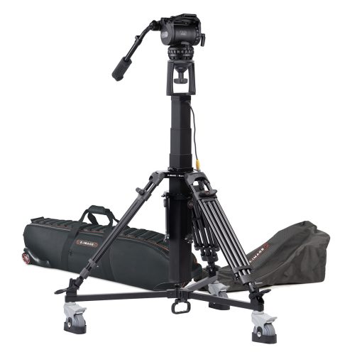 motorized pedestal with a fluid head that features counterbalance, pan and tilt drag, is heavy duty, gives smooth shots.