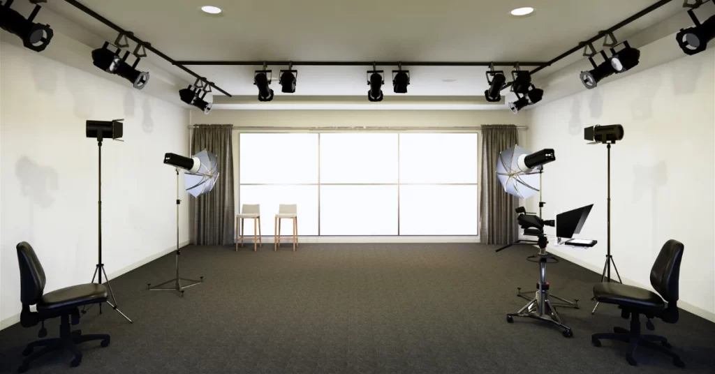 Modern broadcast studio with DMX-controlled lighting