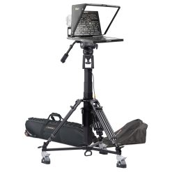 a broadcast turnkey solution that includes a 19in widescreen 16:9 teleprompter with tally and a motorized camera pedestal with a motorized column and a 100mm fluid head with adjustable drag and counterbalance