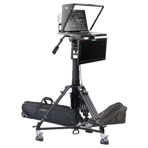 a broadcast turnkey solution that includes a 19in widescreen 16:9 teleprompter and talent confidence monitor with tally and a motorized camera pedestal with a motorized column and a 100mm fluid head with adjustable drag and counterbalance