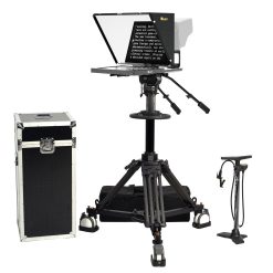 17 inch turnkey solution that includes 17" teleprompter with heavy duty pneumatic camera pedestal with adjustable counterbalance and pan & tilt drag