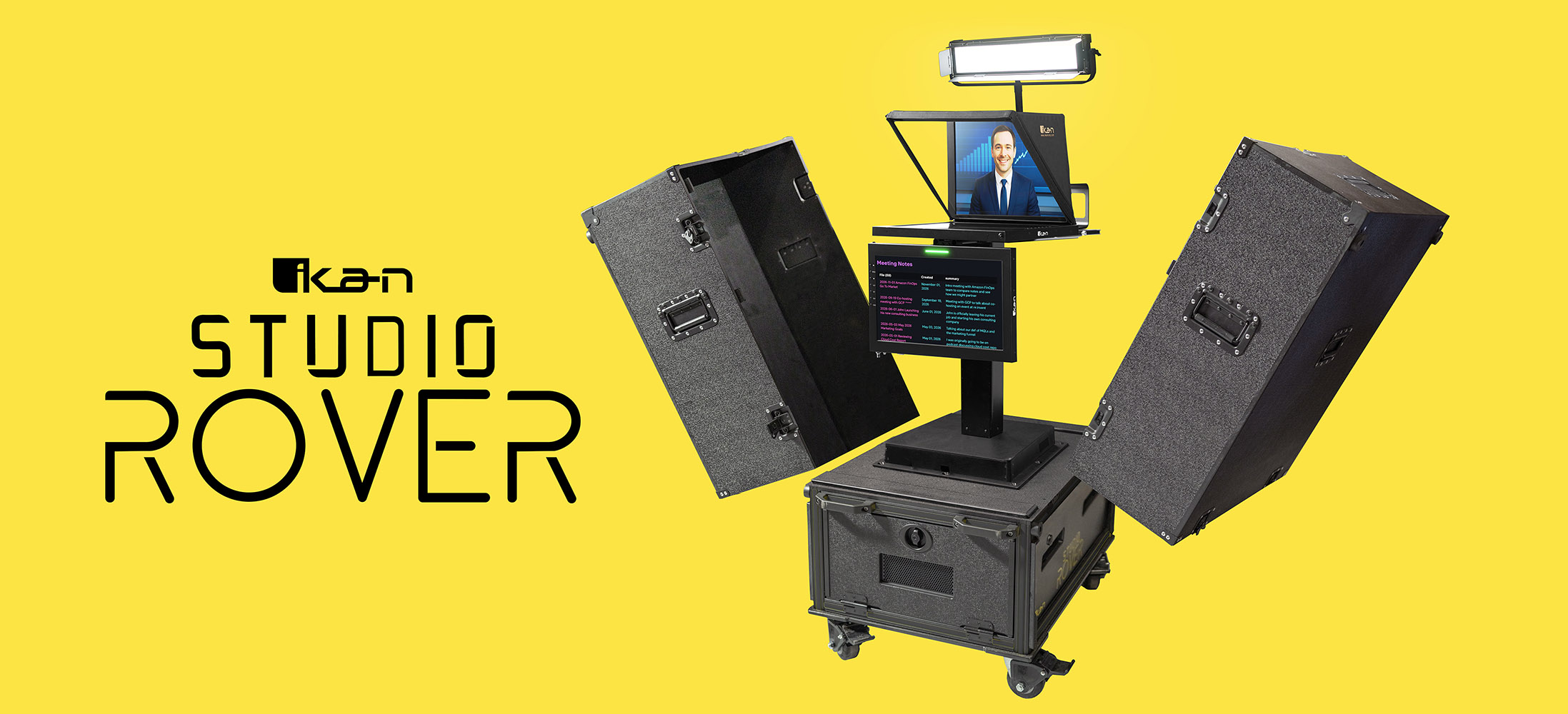 Rover Banner 5 studio rover best mobile studio that includes NDI teleprompter, motorized column, PoE studio LED light, motorized column, and a 19in rack for mounting equipment; the only on-the-go turnkey IP-controlled mobile studio solution