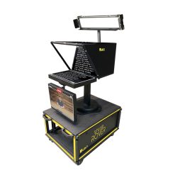 The Studio Rover is a fully integrated mobile media cart designed for professional broadcasting in corporate, remote, educational, and telemedicine environments. The image shows a compact, portable AV setup featuring a collapsible rack-mounted system with a PTZ camera, script monitor, talent monitor, Q-SYS control interface, Blackmagic switcher, Sennheiser wireless microphone and IFB system, dual media players, and a Pearl Nano for recording and live streaming. The cart also includes advanced lighting controls, electric green screen operation, full IP-based teleprompter control, NDI/SDI/HDMI compatibility, and a motorized camera pedestal. Built with durable construction and designed for ease of transport and one-touch operation, the Studio Rover simplifies high-quality content creation for executives, CEO's, teachers, professors, doctors, nurses, preachers, priests, and non-technical users alike.