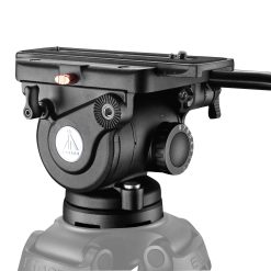 heavy duty fluid head 44lbs payload capacity and 44 lb max weight with adjustable counterbalance, a bubble level, panhandle, made for broadcast video cameras that are ENG cameras
