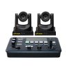 OTTICA-FHD-20X PTZ camera and Ikan OTT-CONTROLLER-V2 in a professional studio setup, showcasing Full HD 1080p 20x optical zoom, AI tracking, NDI video transmission, and versatile IP/analog control for up to 10 cameras, available at ikan.com