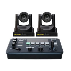 OTTICA-FHD-20X PTZ camera and Ikan OTT-CONTROLLER-V2 in a professional studio setup, showcasing Full HD 1080p 20x optical zoom, AI tracking, NDI video transmission, and versatile IP/analog control for up to 10 cameras, available at ikan.com