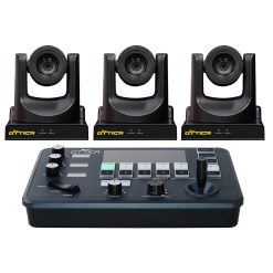 OTTICA-FHD-20X PTZ camera and Ikan OTT-CONTROLLER-V2 in a professional studio setup, showcasing Full HD 1080p 20x optical zoom, AI tracking, NDI video transmission, and versatile IP/analog control for up to 10 cameras, available at ikan.com