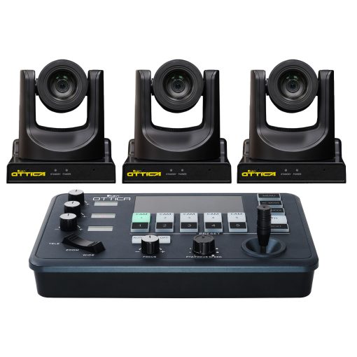 OTTICA-FHD-20X PTZ camera and Ikan OTT-CONTROLLER-V2 in a professional studio setup, showcasing Full HD 1080p 20x optical zoom, AI tracking, NDI video transmission, and versatile IP/analog control for up to 10 cameras, available at ikan.com