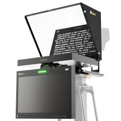 Angled view of the fully assembled Ikan PT419W-NDI-TMN 19-inch NDI teleprompter system, showing the widescreen prompter monitor with tally light, 65/35 beam splitter glass, secure canvas hood, adjustable balancing sled, and attached talent monitor below, ready for use with a mounted camera