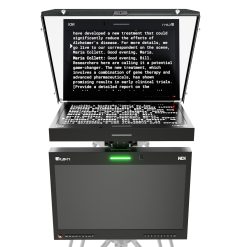 Front view of the fully assembled Ikan PT419W-NDI-TMN 19-inch NDI teleprompter system, showing the widescreen prompter monitor with tally light, 65/35 beam splitter glass, secure canvas hood, adjustable balancing sled, and attached talent monitor below, ready for use with a mounted camera