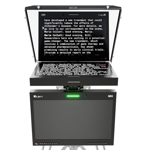 Front view of the fully assembled Ikan PT419W-NDI-TMN 19-inch NDI teleprompter system, showing the widescreen prompter monitor with tally light, 65/35 beam splitter glass, secure canvas hood, adjustable balancing sled, and attached talent monitor below, ready for use with a mounted camera