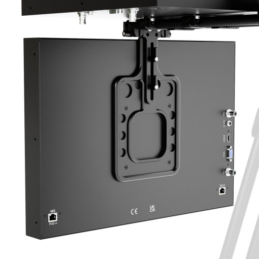 Rear view of the Ikan PT419W-NDI-TMN teleprompter system, showcasing the POE++ RJ45 port for single-cable power, NDI streaming, and tally control, along with legacy ports like 3G-SDI, HDMI, VGA, and composite on both the prompter and talent monitors.
