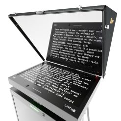 Detailed view of the ultra-secure hood on the Ikan PT419W-NDI-TMN teleprompter, anchored with bolts and magnets for stability, featuring a wide opening for large lenses and the high-quality American-made 65/35 beam splitter glass with anti-reflection coating