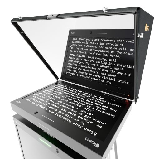 Detailed view of the ultra-secure hood on the Ikan PT419W-NDI-TMN teleprompter, anchored with bolts and magnets for stability, featuring a wide opening for large lenses and the high-quality American-made 65/35 beam splitter glass with anti-reflection coating