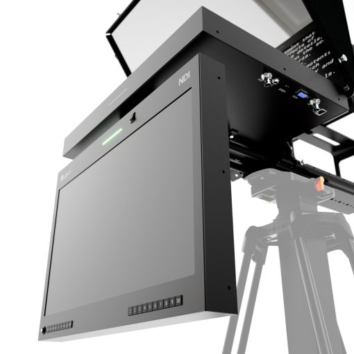 Close-up of the 19-inch widescreen NDI talent monitor attached below the Ikan PT419W-NDI-TMN teleprompter via a 15mm rod system, displaying a sample feed with green tally light illuminated, and visible input buttons for NDI, SDI, HDMI, and more.