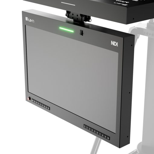 Angled side view of the Ikan M19W-NDI 19-inch teleprompter monitor showing the NDI logo displayed on the screen, green tally light illuminated on top, and visible control buttons at the bottom.