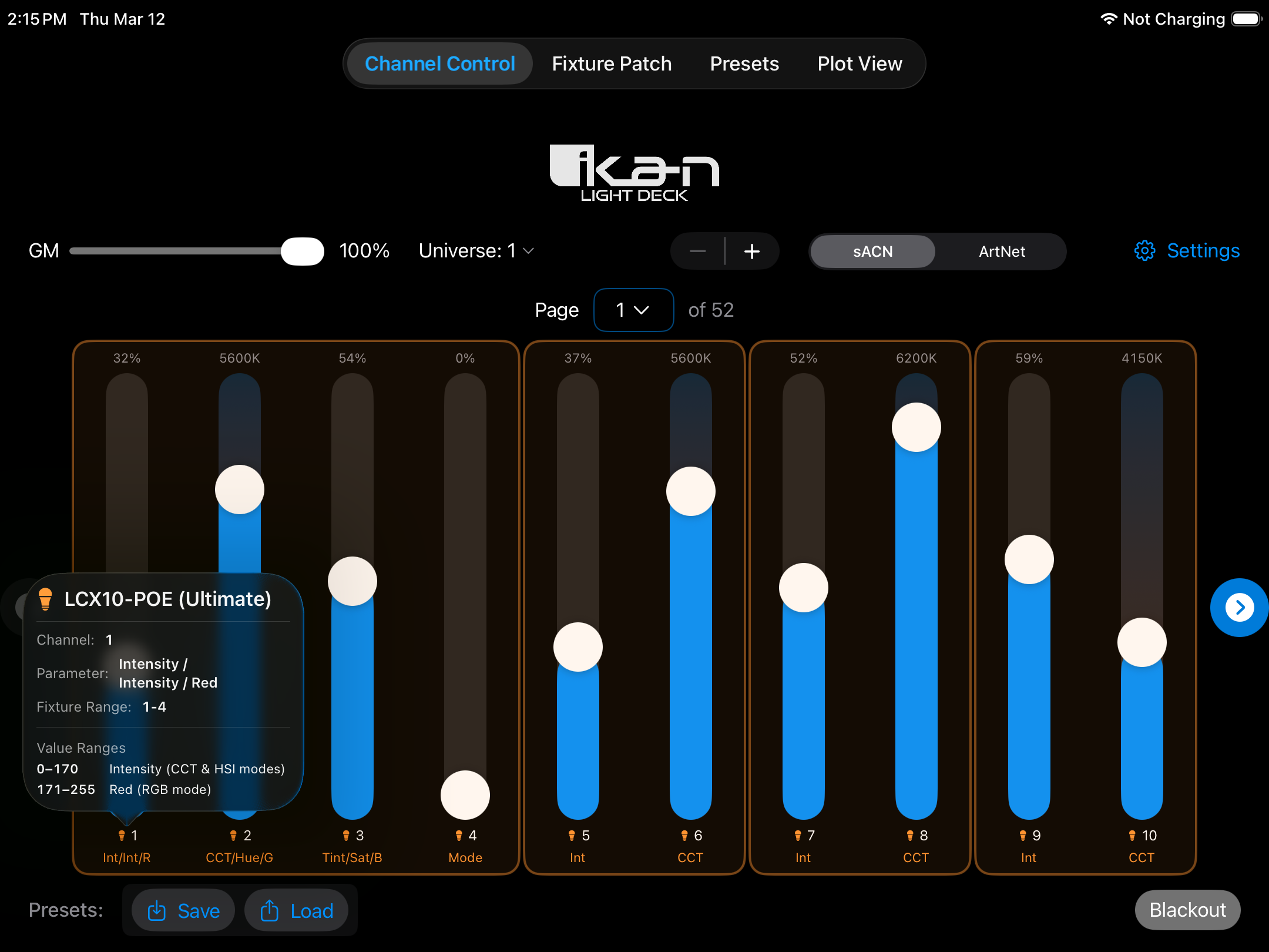 Light Deck Channel Control — vertical faders with patched fixture names