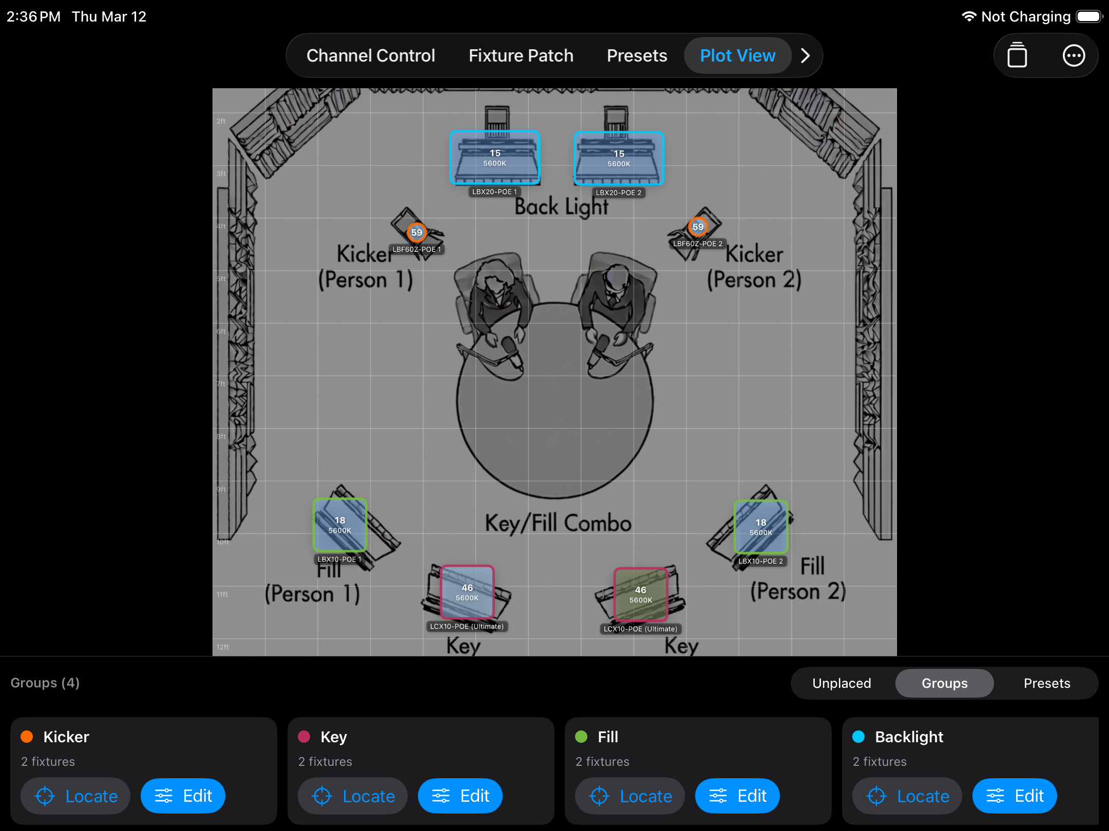 Light Deck Plot View — visual stage layout with fixture groups