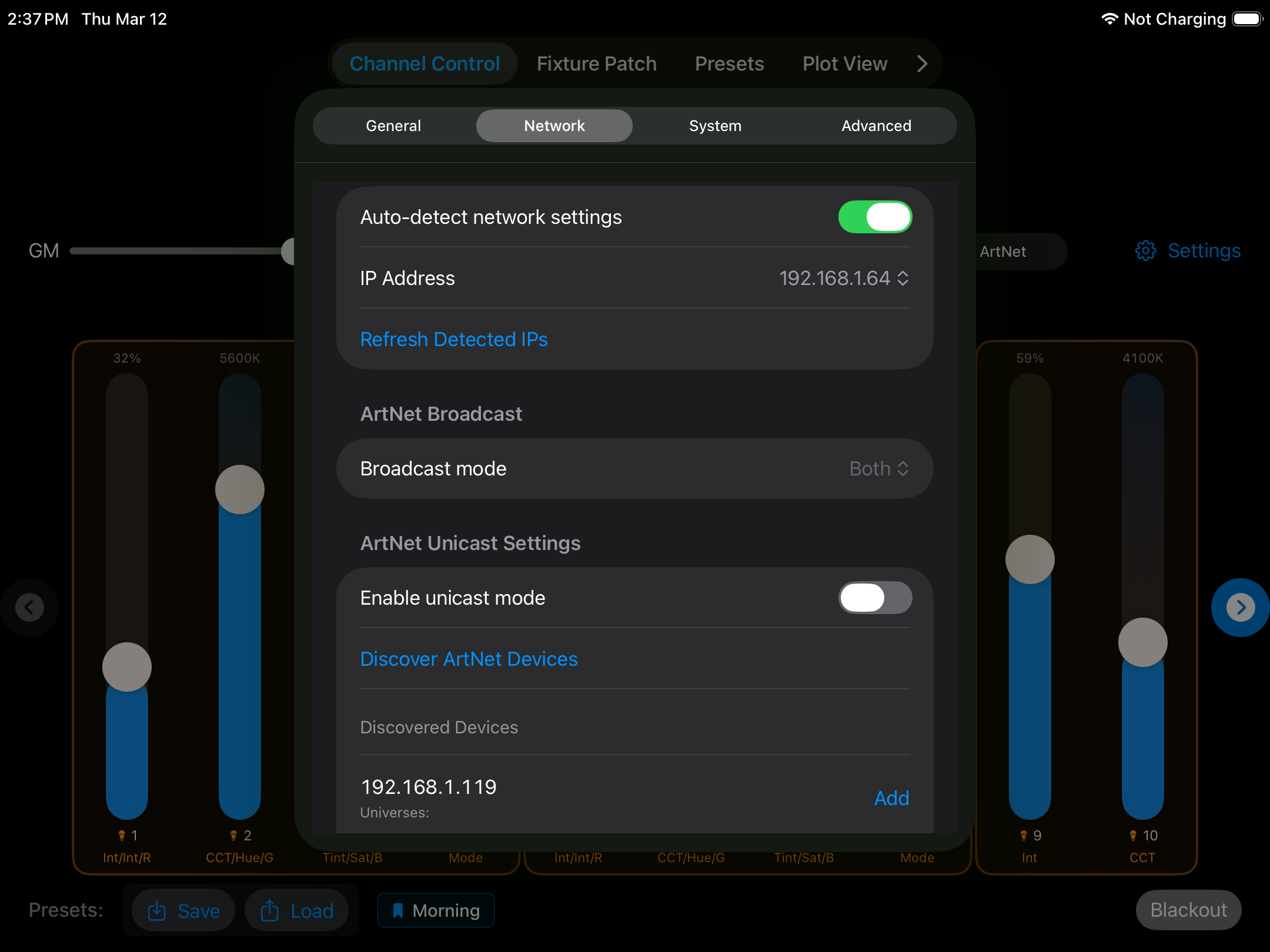 Light Deck Network Settings — ArtNet broadcast mode and unicast configuration