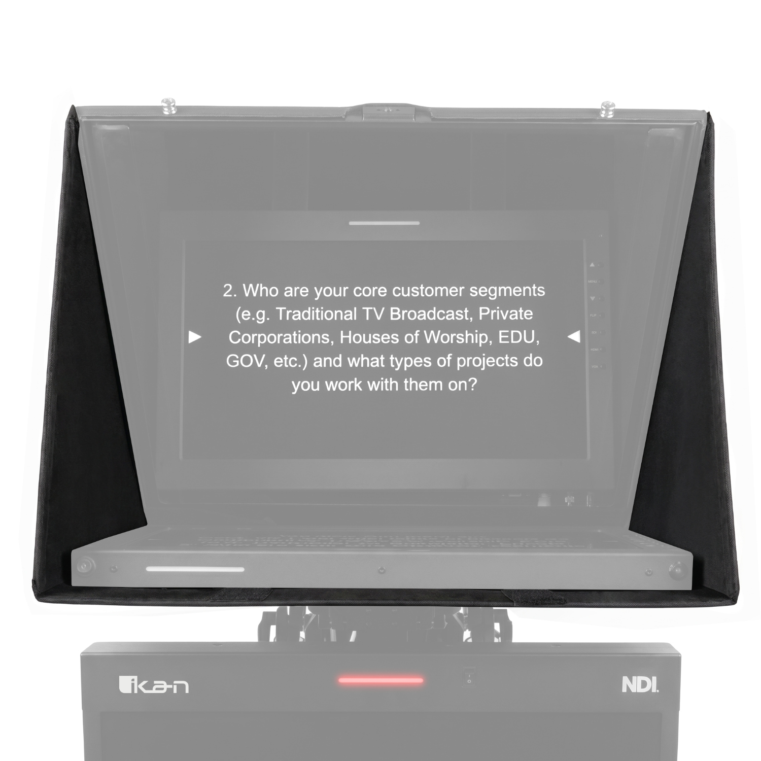 ikan PT-SH shade hood side profile, canvas exterior felt interior teleprompter hood accessory, lightweight portable broadcast studio shade ikan PT-SH teleprompter shade hood, professional light blocking accessory for broadcast and corporate studio teleprompters