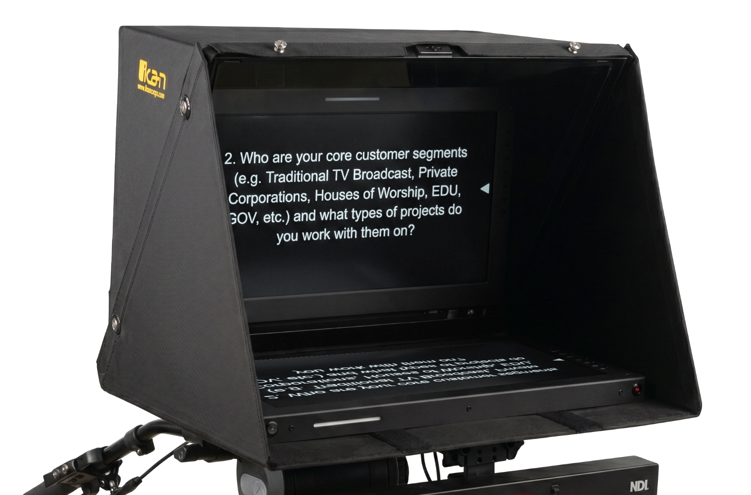 1 PT-SH Web Version ikan PT-SH teleprompter shade hood used on outdoor location shoot, blocking sunlight and ambient glare from teleprompter glass for broadcast and corporate video production