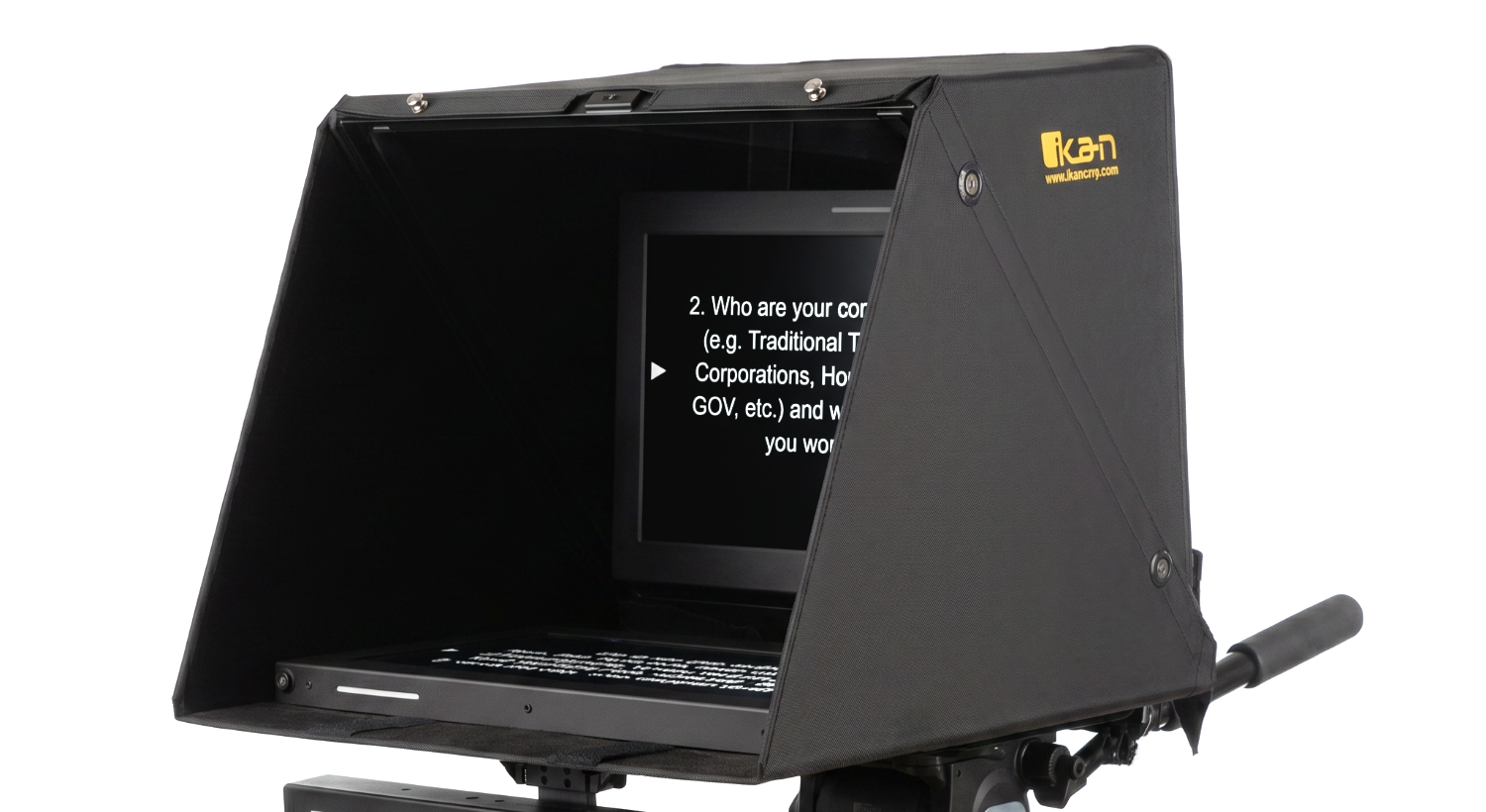 2 PT-SH Web Version PT-SH tool-free velcro mount detail, ikan teleprompter shade hood attachment, professional broadcast video production accessory